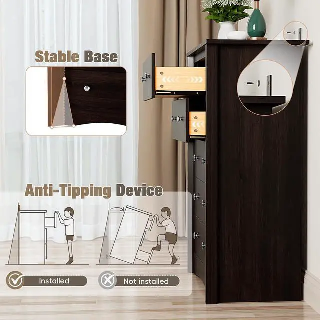 Alt view image 5 of 7 - Tall Dresser for Bedroom, 5 Drawer Dresser, Chest of Drawers, Organizer Drawers, for Hallway Entryway (Brown)