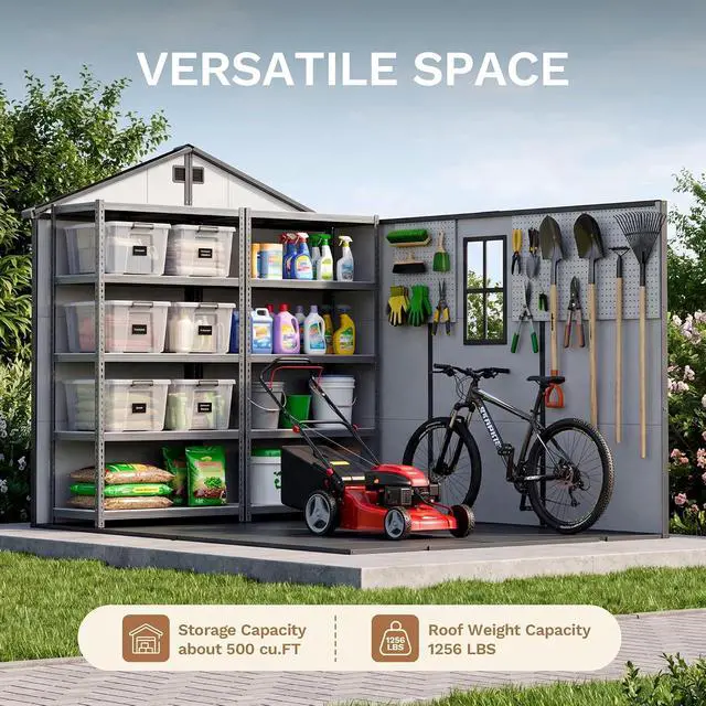 Alt view image 3 of 7 - 8 x 10 FT Resin Outdoor Storage Shed with Floor, Plastic Tool Shed with Lockable Door & Sloping Roof, All-Weather Garden Shed for Patio, Backyard, Poolside, Light Grey