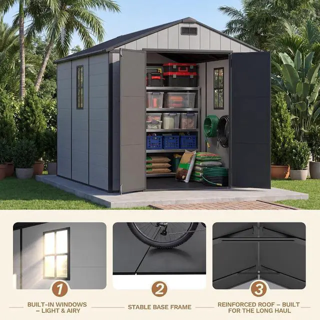 Alt view image 5 of 7 - 8 x 10 FT Resin Outdoor Storage Shed with Floor, Plastic Tool Shed with Lockable Door & Sloping Roof, All-Weather Garden Shed for Patio, Backyard, Poolside, Light Grey