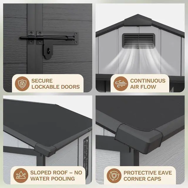 Alt view image 7 of 7 - 8 x 10 FT Resin Outdoor Storage Shed with Floor, Plastic Tool Shed with Lockable Door & Sloping Roof, All-Weather Garden Shed for Patio, Backyard, Poolside, Light Grey