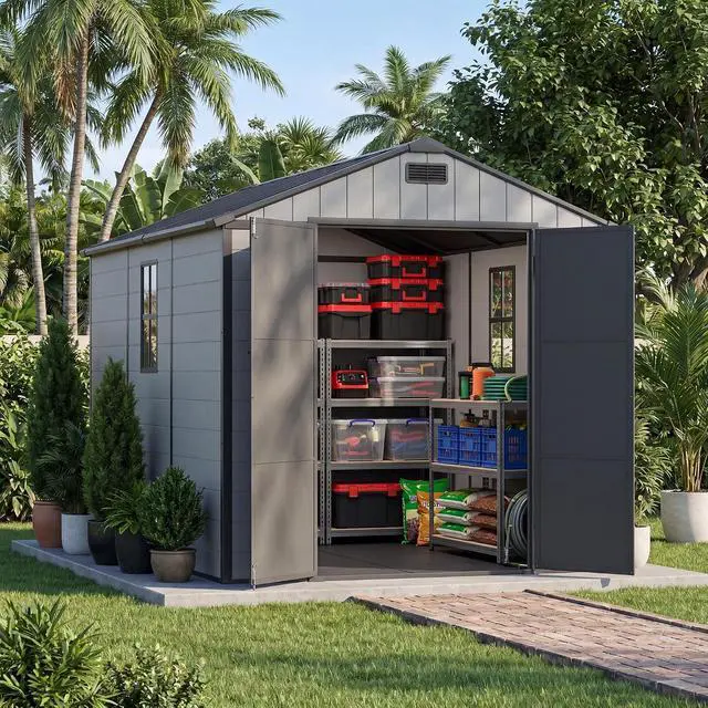 Alt view image 6 of 7 - 8 x 10 FT Resin Outdoor Storage Shed with Floor, Plastic Tool Shed with Lockable Door & Sloping Roof, All-Weather Garden Shed for Patio, Backyard, Poolside, Light Grey