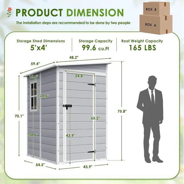 Alt view image 3 of 7 - Outdoor Storage Shed, 5 x 4 FT Resin Shed with Floor and Lockable Door, Plastic Garden Tool Outside Sheds for Patio Backyard Lawn