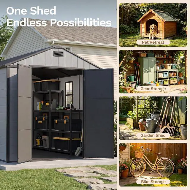 Alt view image 4 of 7 - 8 x 10 FT Resin Outdoor Storage Shed with Floor, Plastic Tool Shed with Lockable Door & Sloping Roof, All-Weather Garden Shed for Patio, Backyard, Poolside, Light Grey