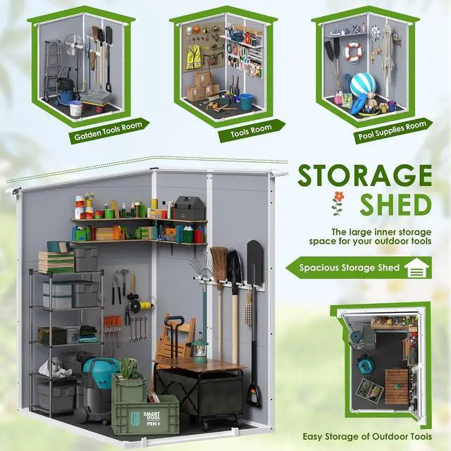 Alt view image 4 of 7 - Outdoor Storage Shed, 5 x 4 FT Resin Shed with Floor and Lockable Door, Plastic Garden Tool Outside Sheds for Patio Backyard Lawn