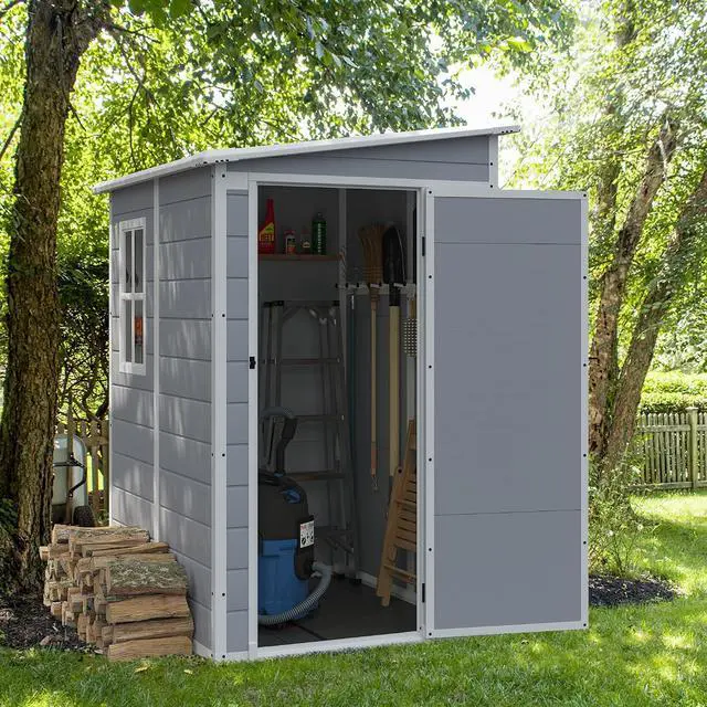 Alt view image 2 of 7 - Outdoor Storage Shed, 5 x 4 FT Resin Shed with Floor and Lockable Door, Plastic Garden Tool Outside Sheds for Patio Backyard Lawn