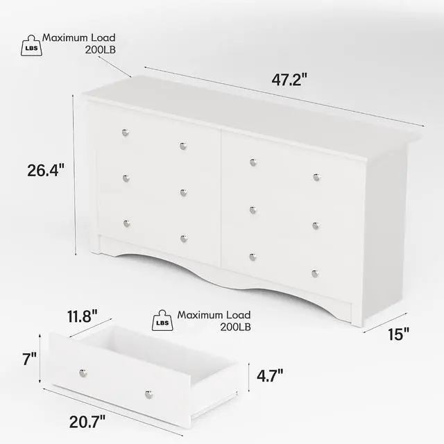 Alt view image 3 of 6 - 6 Drawer Dresser for Bedroom, Wood Dresser Wide Storage Organizer for Living Room Hallway Closets (White)