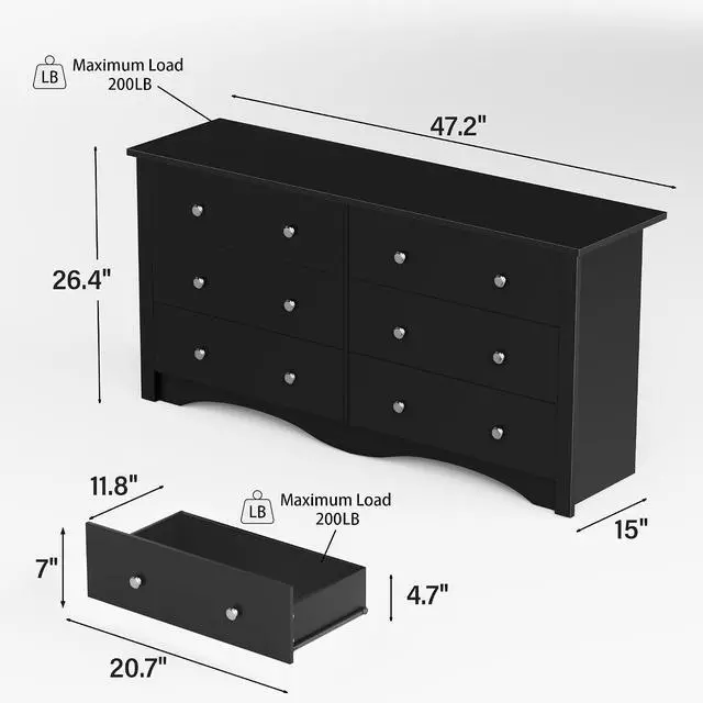 Alt view image 3 of 7 - 6 Drawer Dresser for Bedroom, Wood Dresser Wide Storage Organizer for Living Room Hallway Closets (Dark Black)