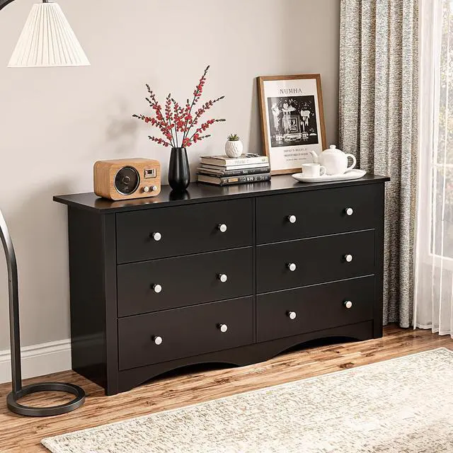 Alt view image 2 of 7 - 6 Drawer Dresser for Bedroom, Wood Dresser Wide Storage Organizer for Living Room Hallway Closets (Dark Black)