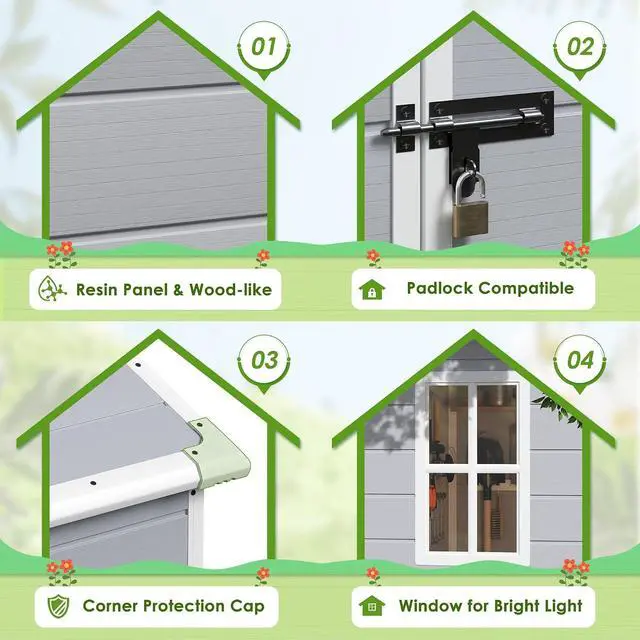 Alt view image 6 of 7 - Outdoor Storage Shed, 5 x 4 FT Resin Shed with Floor and Lockable Door, Plastic Garden Tool Outside Sheds for Patio Backyard Lawn