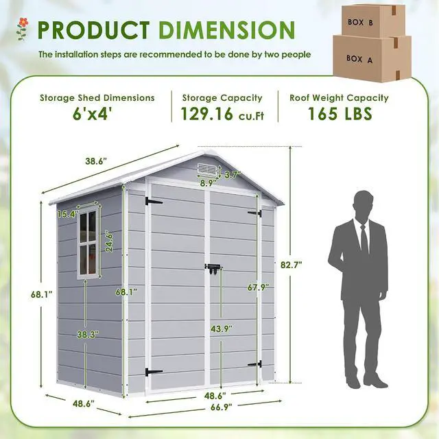 Alt view image 2 of 6 - Plastic Outdoor Storage Shed, 6 x 4 FT Resin Shed with Floor and Lockable Door, Outside Waterproof Garden Tool Sheds for Patio Backyard Lawn, Gray