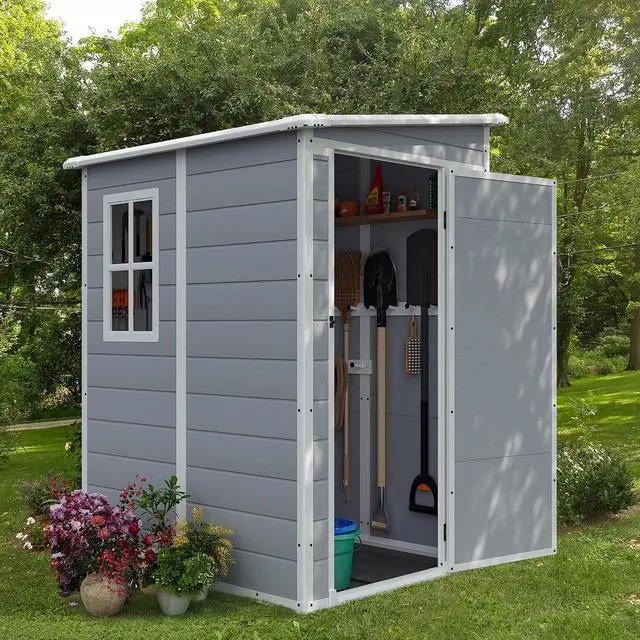 Alt view image 7 of 7 - Outdoor Storage Shed, 5 x 4 FT Resin Shed with Floor and Lockable Door, Plastic Garden Tool Outside Sheds for Patio Backyard Lawn
