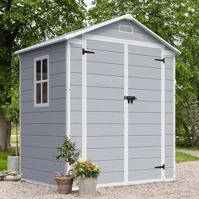 Main image of Plastic Outdoor Storage Shed, 6 x 4 FT Resin Shed with Floor and Lockable Door, Outside Waterproof Garden Tool Sheds for Patio Backyard Lawn, Gray