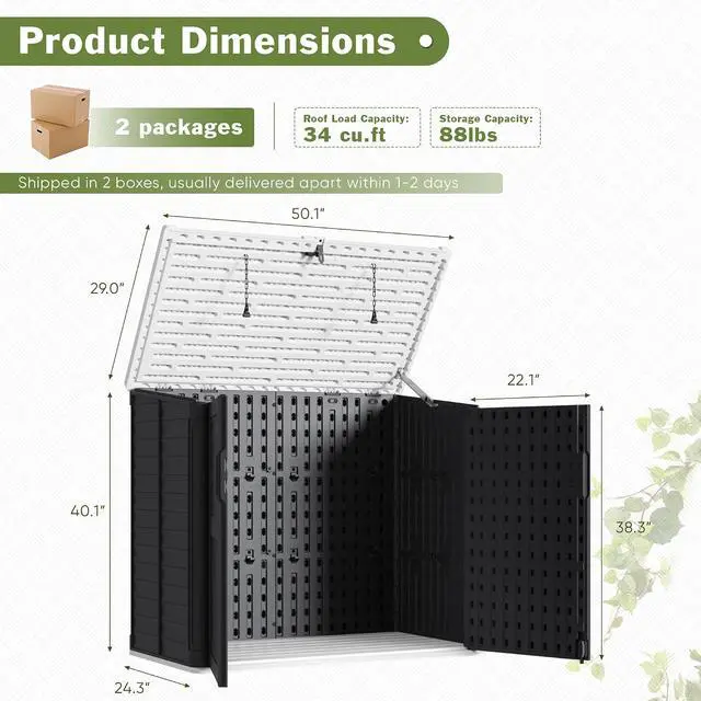 Alt view image 2 of 6 - Resin Outdoor Storage Shed, 34 Cu Ft Horizontal Storage Cabinet for Trash Cans, Garden Tools, Pool Supplies (Black)