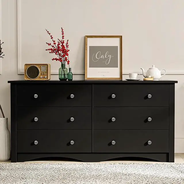 Alt view image 5 of 7 - 6 Drawer Dresser for Bedroom, Wood Dresser Wide Storage Organizer for Living Room Hallway Closets (Dark Black)