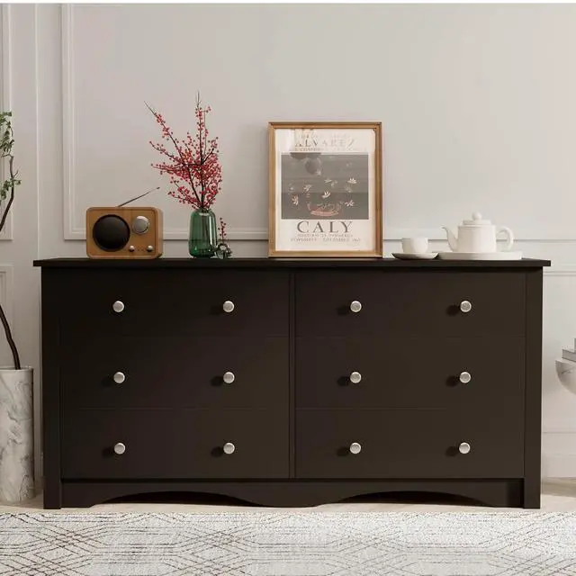 Alt view image 2 of 7 - 6 Drawer Dresser for Bedroom, Wood Dresser Wide Storage Organizer, Storaged Drawer Units for Hallway Closets (Brown)