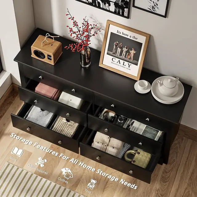 Alt view image 7 of 7 - 6 Drawer Dresser for Bedroom, Wood Dresser Wide Storage Organizer for Living Room Hallway Closets (Dark Black)