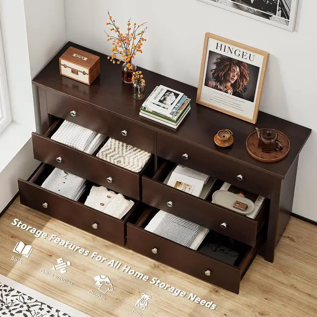 Alt view image 3 of 7 - 6 Drawer Dresser for Bedroom, Wood Dresser Wide Storage Organizer, Storaged Drawer Units for Hallway Closets (Brown)