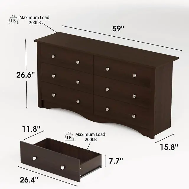 Alt view image 7 of 7 - 6 Drawer Dresser for Bedroom, Wood Dresser Wide Storage Organizer, Storaged Drawer Units for Hallway Closets (Brown)