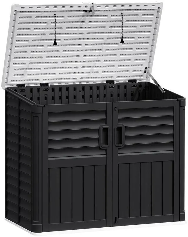 Main image of Resin Outdoor Storage Shed, 34 Cu Ft Horizontal Storage Cabinet with Shelves for Trash Cans, Garden Tools, Pool Supplies (Black)