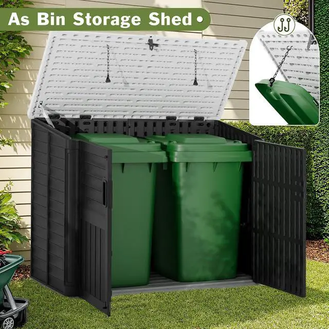 Alt view image 4 of 6 - Resin Outdoor Storage Shed, 34 Cu Ft Horizontal Storage Cabinet for Trash Cans, Garden Tools, Pool Supplies (Black)