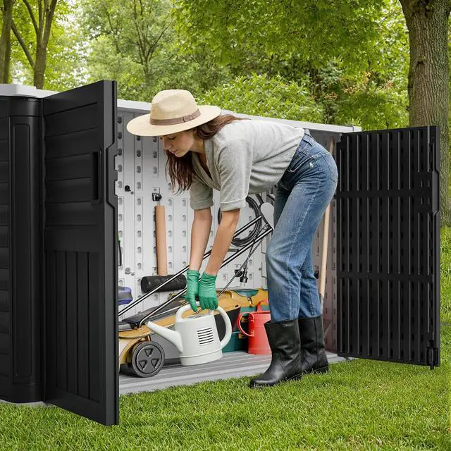 Alt view image 7 of 7 - Resin Outdoor Storage Shed, 34 Cu Ft Horizontal Storage Cabinet with Shelves for Trash Cans, Garden Tools, Pool Supplies (Black)