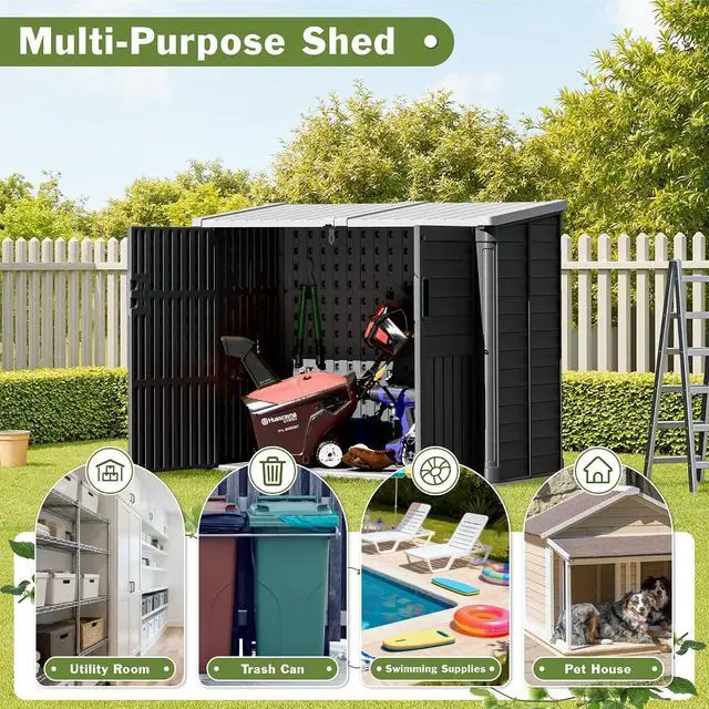 Alt view image 6 of 7 - Resin Outdoor Storage Shed, 34 Cu Ft Horizontal Storage Cabinet with Shelves for Trash Cans, Garden Tools, Pool Supplies (Black)