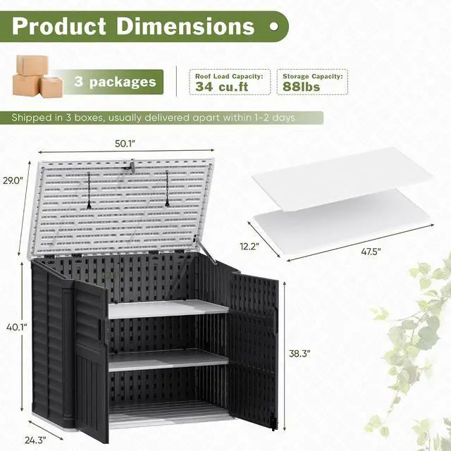 Alt view image 2 of 7 - Resin Outdoor Storage Shed, 34 Cu Ft Horizontal Storage Cabinet with Shelves for Trash Cans, Garden Tools, Pool Supplies (Black)