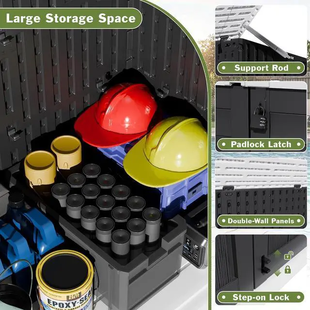 Alt view image 3 of 7 - Resin Outdoor Storage Shed, 34 Cu Ft Horizontal Storage Cabinet with Shelves for Trash Cans, Garden Tools, Pool Supplies (Black)