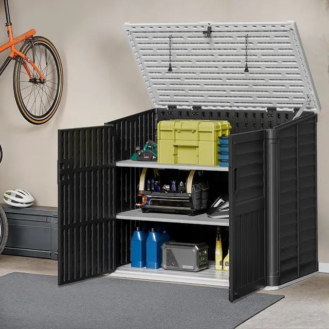 Alt view image 5 of 7 - Resin Outdoor Storage Shed, 34 Cu Ft Horizontal Storage Cabinet with Shelves for Trash Cans, Garden Tools, Pool Supplies (Black)
