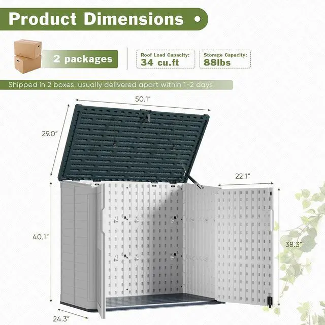 Alt view image 2 of 6 - Resin Outdoor Storage Shed, 34 Cu Ft Horizontal Storage Cabinet for Trash Cans, Garden Tools, Pool Supplies (Beige)