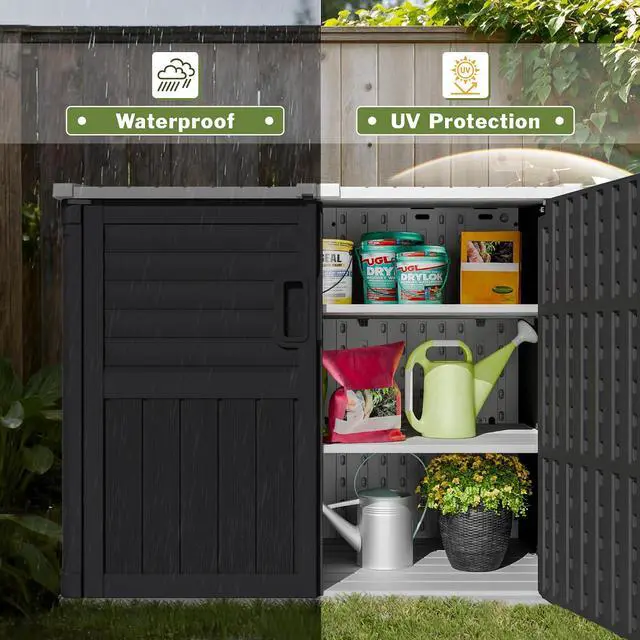Alt view image 4 of 7 - Resin Outdoor Storage Shed, 34 Cu Ft Horizontal Storage Cabinet with Shelves for Trash Cans, Garden Tools, Pool Supplies (Black)