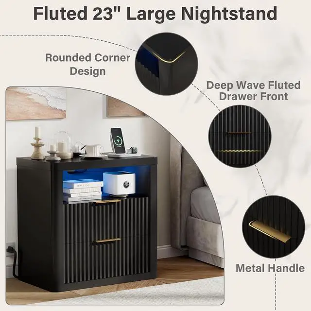 Alt view image 4 of 7 - Fluted Nightstand with Charging Station & RGB Lights,Wooden End Table with 2 Deep Drawers & Open Storage Shelf,Thickened Top,Modern Bedside Table for Bedroom,Living Room,Black