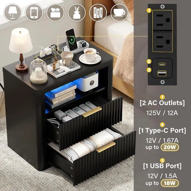 Alt view image 5 of 7 - Fluted Nightstand with Charging Station & RGB Lights,Wooden End Table with 2 Deep Drawers & Open Storage Shelf,Thickened Top,Modern Bedside Table for Bedroom,Living Room,Black