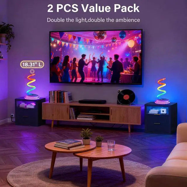 Alt view image 7 of 7 - Fluted Nightstand with Charging Station & RGB Lights,Wooden End Table with 2 Deep Drawers & Open Storage Shelf,Thickened Top,Modern Bedside Table for Bedroom,Living Room,Black