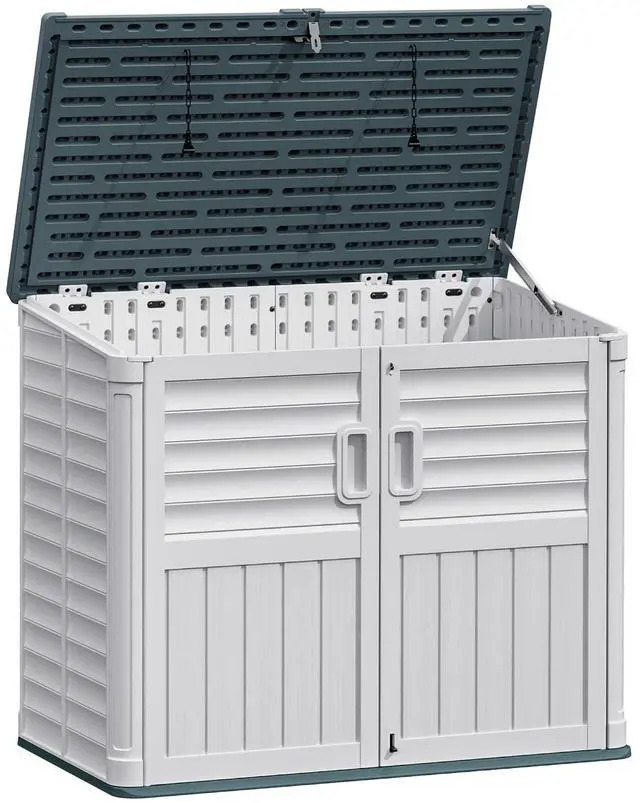Main image of Resin Outdoor Storage Shed, 34 Cu Ft Horizontal Storage Cabinet with Shelves for Trash Cans, Garden Tools, Pool Supplies (Beige)