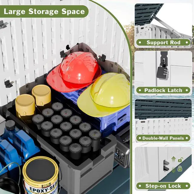 Alt view image 3 of 7 - Resin Outdoor Storage Shed, 34 Cu Ft Horizontal Storage Cabinet with Shelves for Trash Cans, Garden Tools, Pool Supplies (Beige)