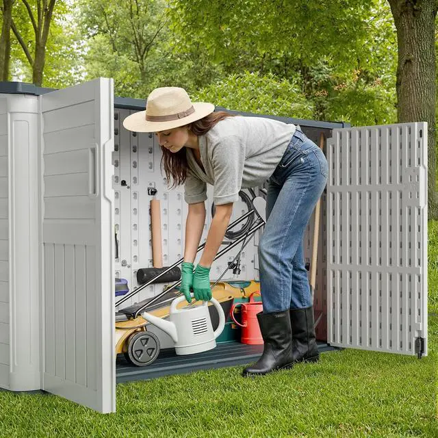 Alt view image 4 of 6 - Resin Outdoor Storage Shed, 34 Cu Ft Horizontal Storage Cabinet for Trash Cans, Garden Tools, Pool Supplies (Beige)