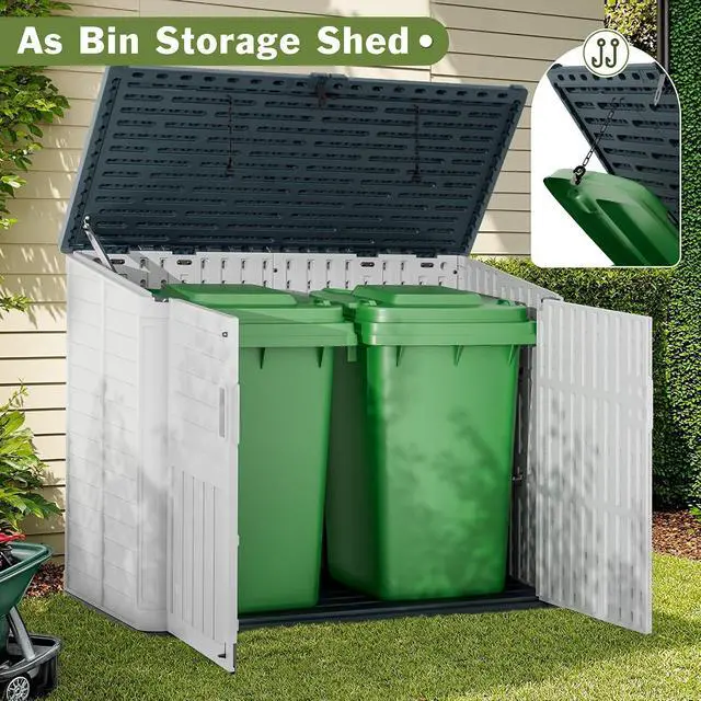 Alt view image 6 of 7 - Resin Outdoor Storage Shed, 34 Cu Ft Horizontal Storage Cabinet with Shelves for Trash Cans, Garden Tools, Pool Supplies (Beige)