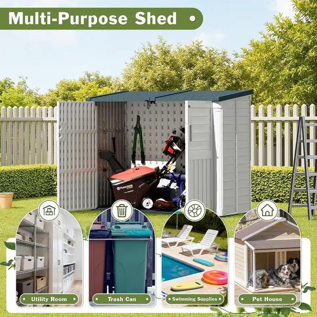 Alt view image 7 of 7 - Resin Outdoor Storage Shed, 34 Cu Ft Horizontal Storage Cabinet with Shelves for Trash Cans, Garden Tools, Pool Supplies (Beige)