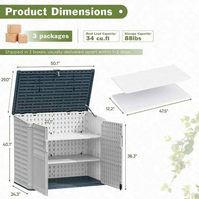 Alt view image 2 of 7 - Resin Outdoor Storage Shed, 34 Cu Ft Horizontal Storage Cabinet with Shelves for Trash Cans, Garden Tools, Pool Supplies (Beige)