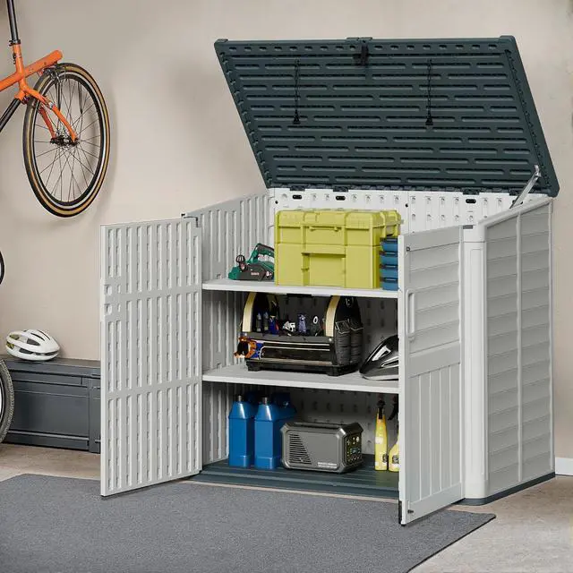 Alt view image 5 of 7 - Resin Outdoor Storage Shed, 34 Cu Ft Horizontal Storage Cabinet with Shelves for Trash Cans, Garden Tools, Pool Supplies (Beige)