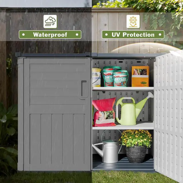 Alt view image 4 of 7 - Resin Outdoor Storage Shed, 34 Cu Ft Horizontal Storage Cabinet with Shelves for Trash Cans, Garden Tools, Pool Supplies (Beige)