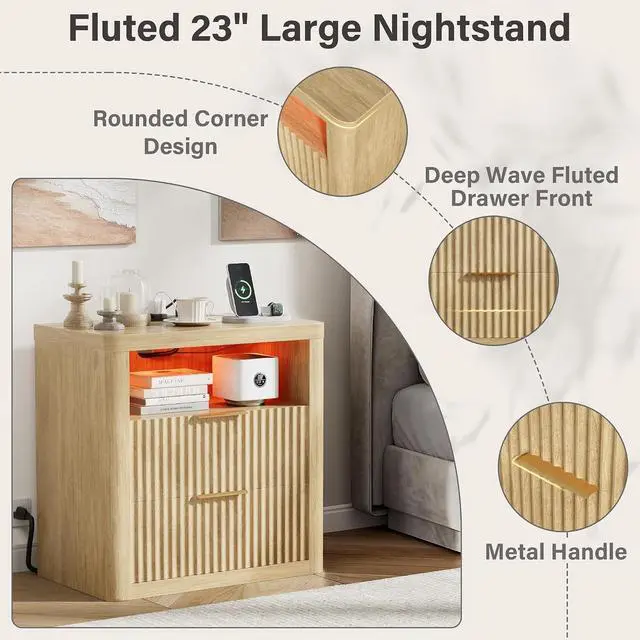 Alt view image 4 of 7 - Fluted Nightstands Set of 2 with Charging Station & RGB Lights,Wooden End Table with 2 Deep Drawers & Open Storage Shelf,Thickened Top,Modern Bedside Table For Bedroom,Living Room,Natural Wood