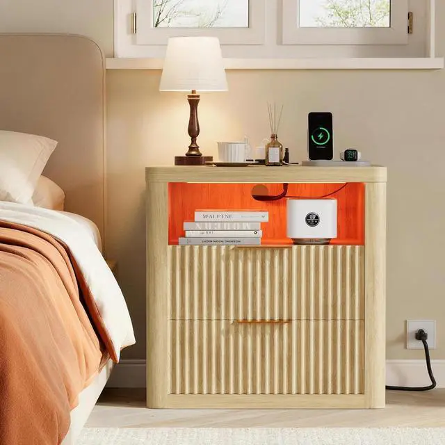 Alt view image 2 of 7 - Fluted Nightstands Set of 2 with Charging Station & RGB Lights,Wooden End Table with 2 Deep Drawers & Open Storage Shelf,Thickened Top,Modern Bedside Table For Bedroom,Living Room,Natural Wood