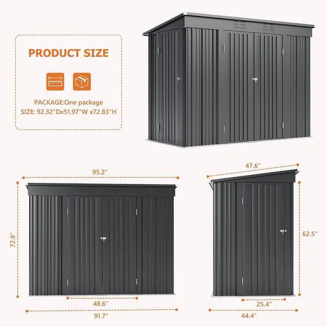Alt view image 2 of 7 - 8x4 FT Outdoor Storage Shed, Heavy Duty Tool Metal Sheds with 3 Lockable Doors and Updated Frame Structure for Backyard Patio Lawn, Black