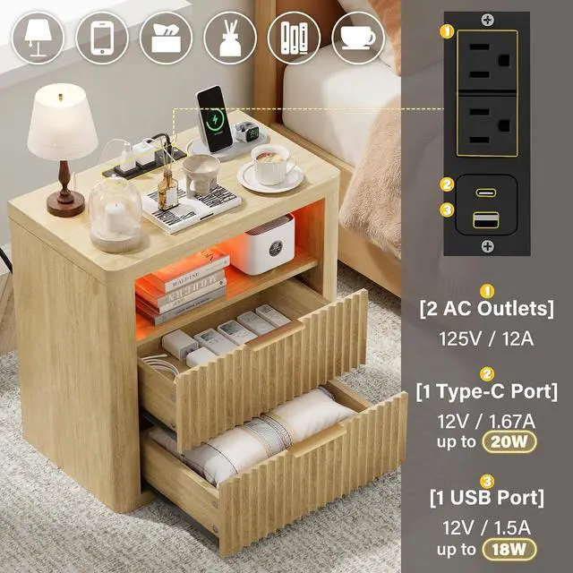 Alt view image 3 of 7 - Fluted Nightstands Set of 2 with Charging Station & RGB Lights,Wooden End Table with 2 Deep Drawers & Open Storage Shelf,Thickened Top,Modern Bedside Table For Bedroom,Living Room,Natural Wood