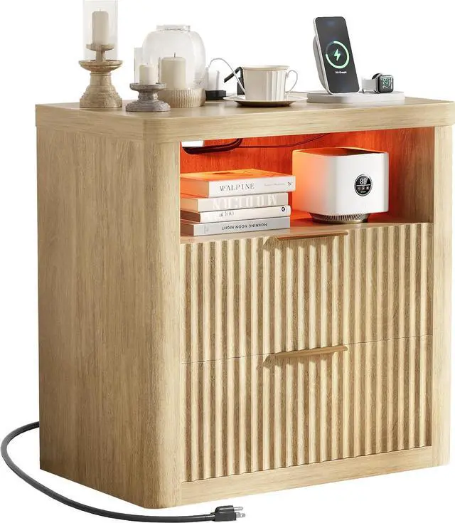 Main image of Fluted Nightstand with Charging Station & RGB Lights,Wooden End Table with 2 Deep Drawers & Open Storage Shelf,Thickened Top,Modern Bedside Table for Bedroom,Living Room,Wood