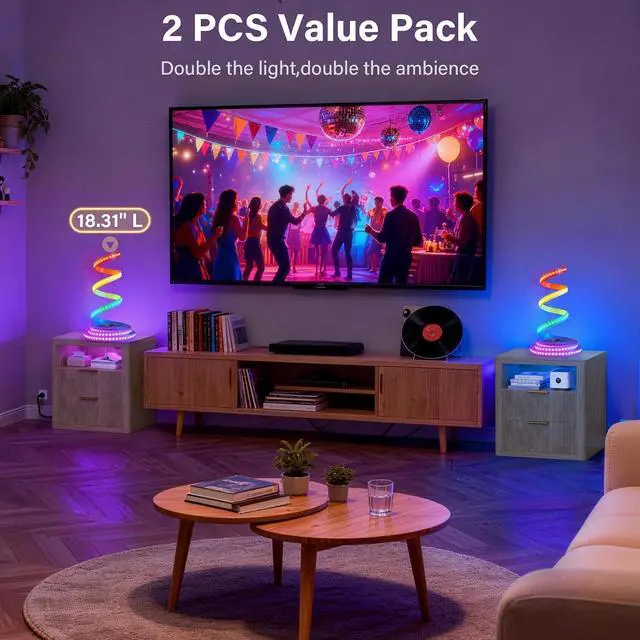 Alt view image 7 of 7 - Fluted Nightstands Set of 2 with Charging Station & RGB Lights,Wooden End Table with 2 Deep Drawers & Open Storage Shelf,Thickened Top,Modern Bedside Table For Bedroom,Living Room,Natural Wood