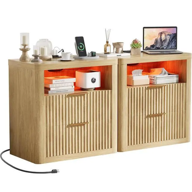 Alt view image 6 of 7 - Fluted Nightstands Set of 2 with Charging Station & RGB Lights,Wooden End Table with 2 Deep Drawers & Open Storage Shelf,Thickened Top,Modern Bedside Table For Bedroom,Living Room,Natural Wood