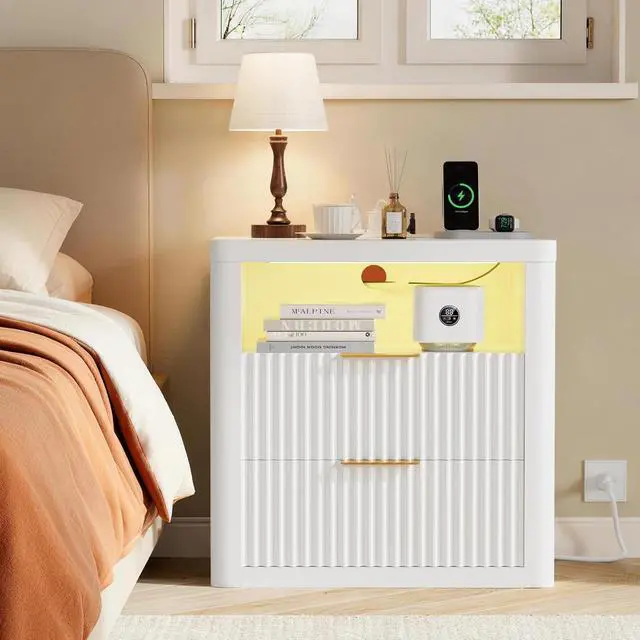 Alt view image 2 of 7 - Fluted Nightstand with Charging Station & RGB Lights,Wooden End Table with 2 Deep Drawers & Open Storage Shelf,Thickened Top,Modern Bedside Table for Bedroom,Living Room,White
